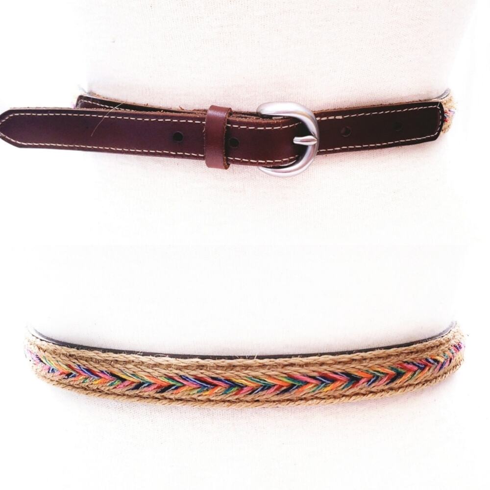 Mens Brown Leather & Colorful Jute Belt sz Large Festival Southwestern